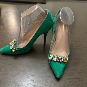 kate spade  New York Green Suede Pointed-Toe Heels with Multicolor Crystal